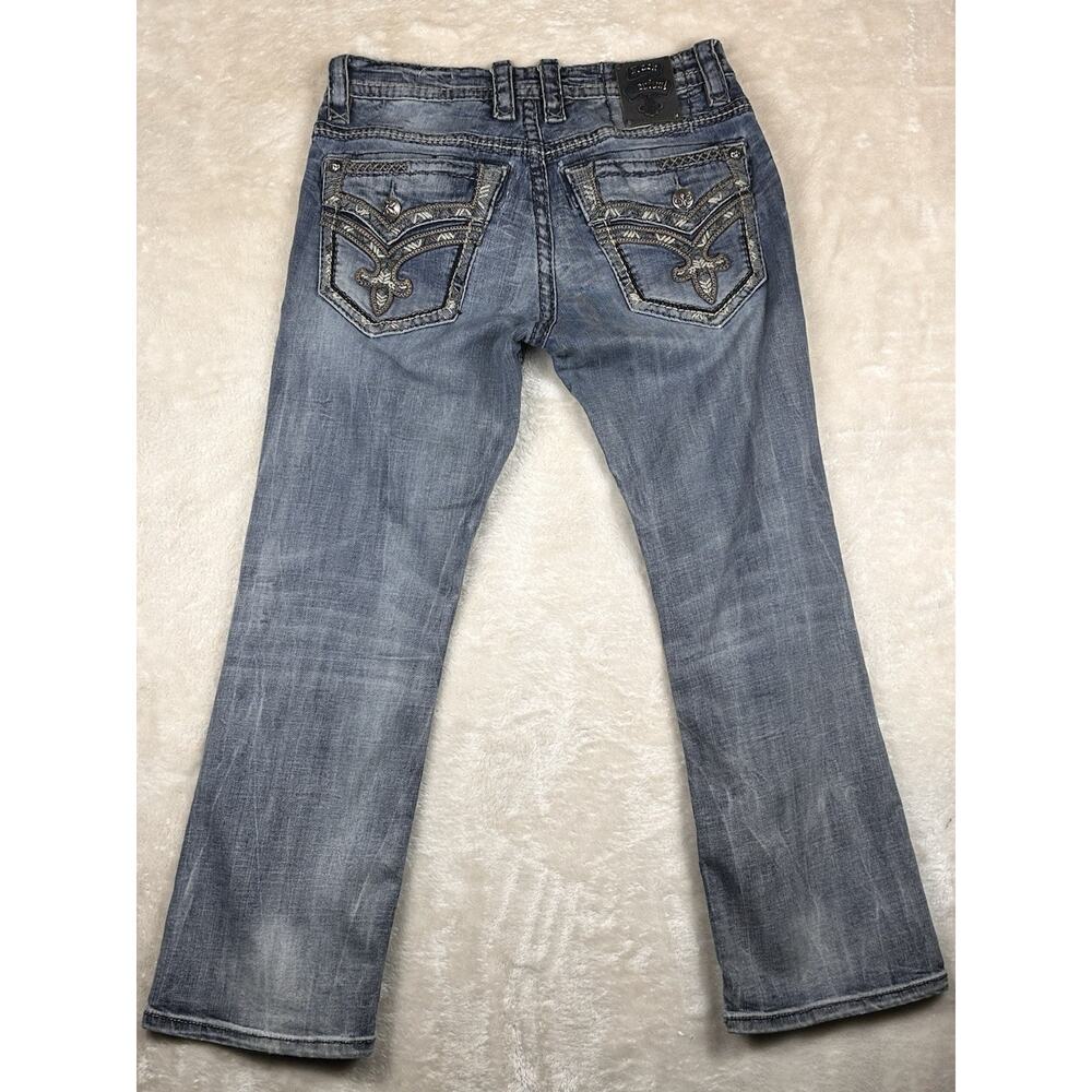 Rock Revival Jeans Mens Sz 32x30 Blue Denim Rigny Relaxed Straight Faded Patches - Picture 2 of 11